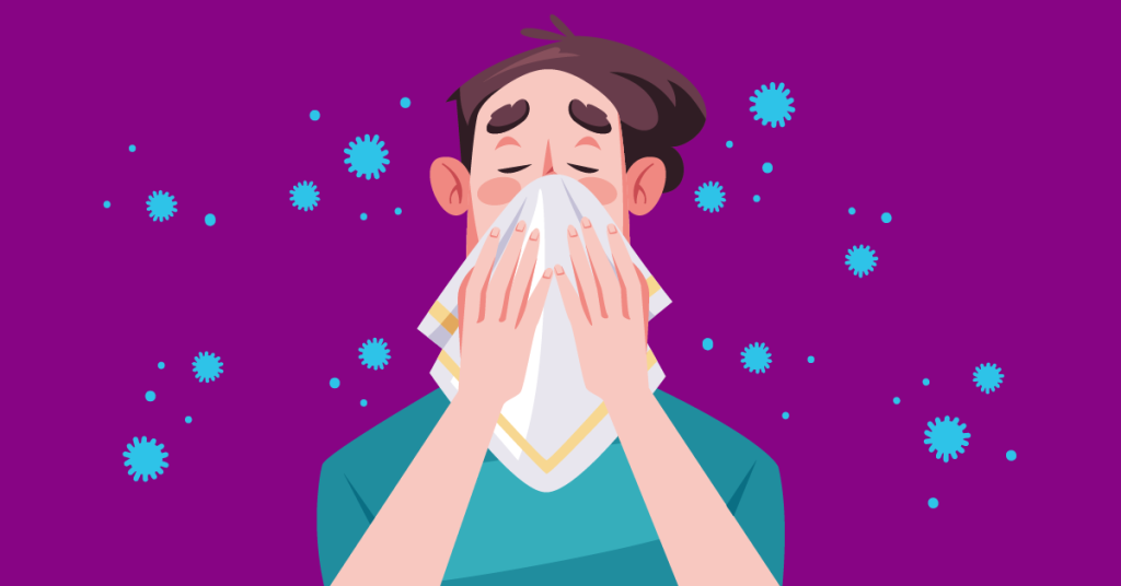 Illustration of a man, surrounded by pollen, blowing his nose.