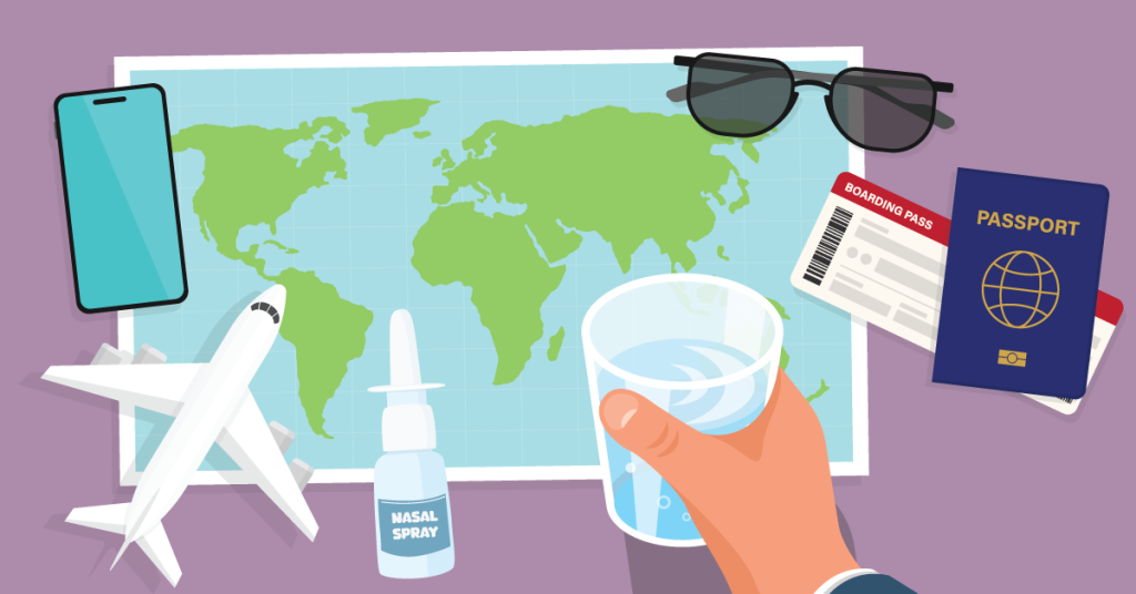 Travel necessities: world map, cell phone, airplane, nasal spray, man holding glass of water, sunglasses, boarding pass, passport