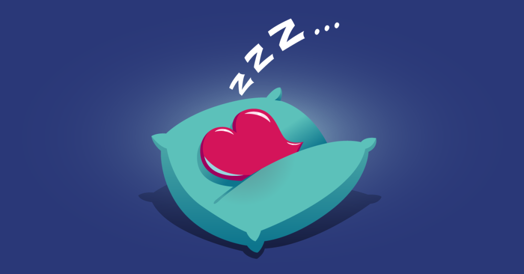 Illustration of a cartoon heart sleeping soundly on a fluffy pillow