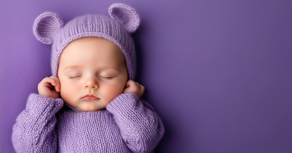 baby in purple outfit tugging at ears